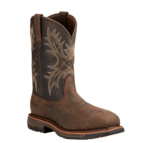 cowboy boot with a black shaft with light brown embroidery and a brown vamp with a square toe