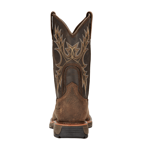 back view of cowboy boot with a black shaft with light brown embroidery and a brown vamp with a square toe