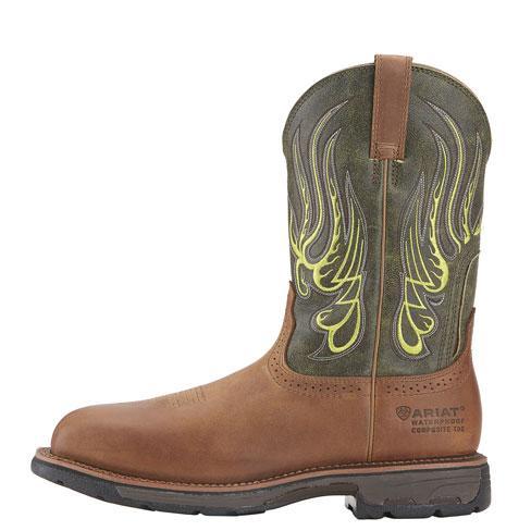 side view of cowboy boot with green distressed shaft and lime green fire-like embroidery and a brown vamp