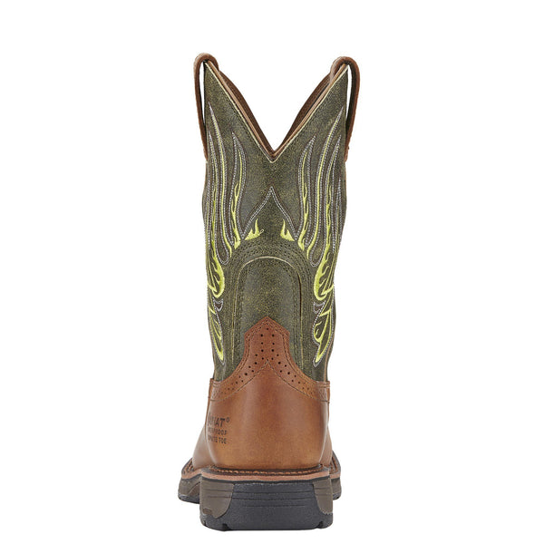 back view of cowboy boot with green distressed shaft and lime green fire-like embroidery and a brown vamp
