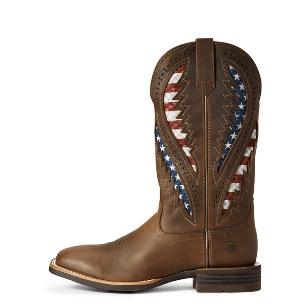 side view of high top brown cowboy boot with American flag inlays and light brown embroidery