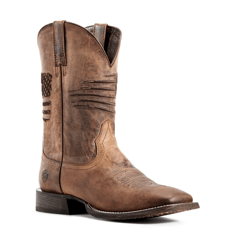 Brown distressed cowboy boot with a rugged American flag embroidered across the shaft