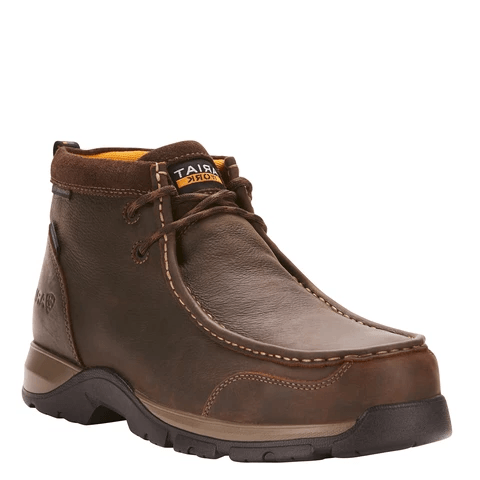 mid rise dark brown work boot with dark brown sole