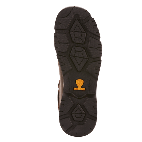 Bottom view of a black rubber sole with the Ariat logo in the middle