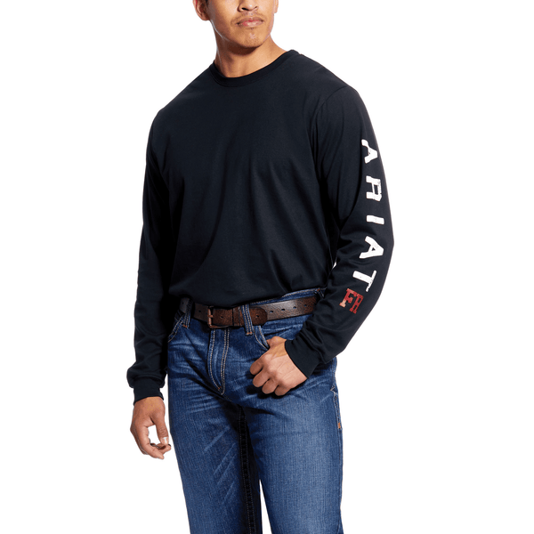 tan man wearing a black long sleeve shirt with the work Ariat written down the left sleeve