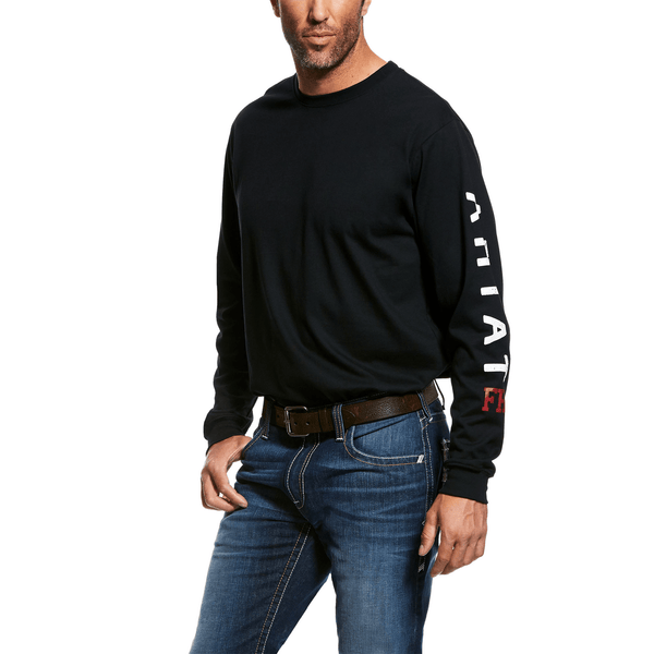 tan man wearing a black long sleeve shirt with the work Ariat written down the left sleeve