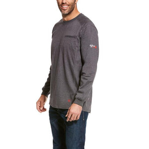 man wearing a charcoal long sleeve shirt with the Ariat logo on the outer bicep