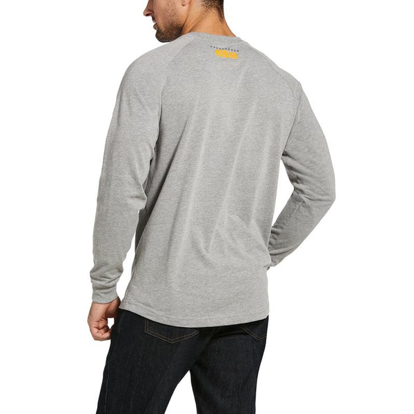 back view of man wearing a grey long sleeve shirt