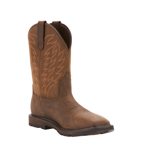 cowboy boot with a light brown shaft with red-brown embroidery and a darker brown vamp