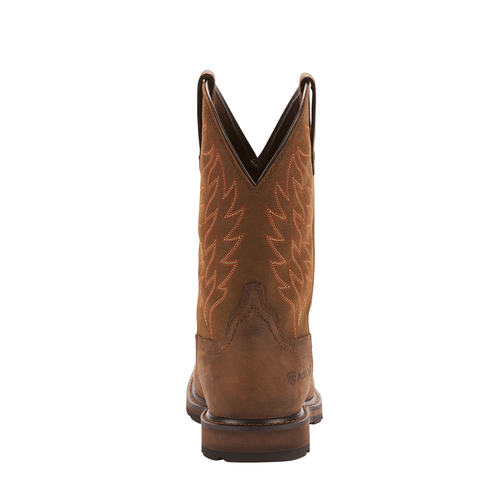 back view of cowboy boot with a light brown shaft with red-brown embroidery and a darker brown vamp