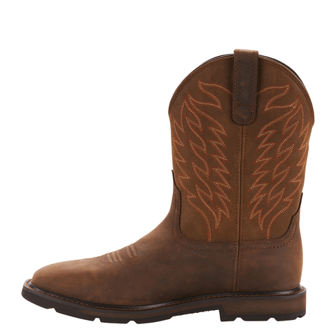 side view of cowboy boot with a light brown shaft with red-brown embroidery and a darker brown vamp