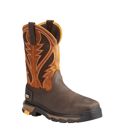 cowboy style work boot with patterned inlays and white embroidery with brown shaft and dark brown vamp
