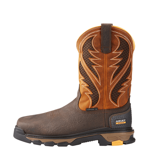 side view of cowboy style work boot with patterned inlays and white embroidery with brown shaft and dark brown vamp