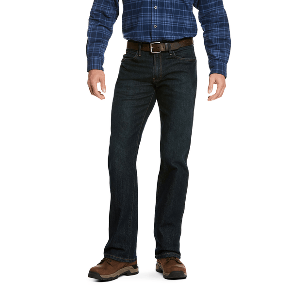 man wearing dark blue jean and a blue plaid shirt 