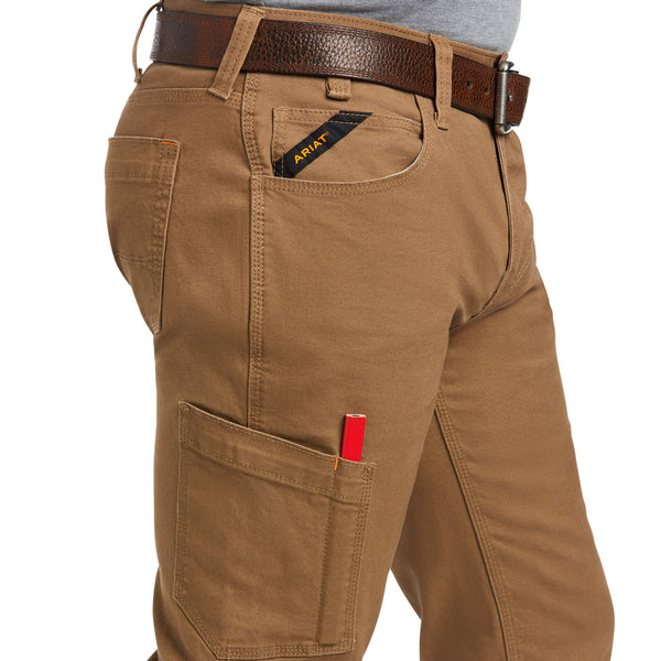 side pocket view of man wearing khaki work pants with brown belt and boots