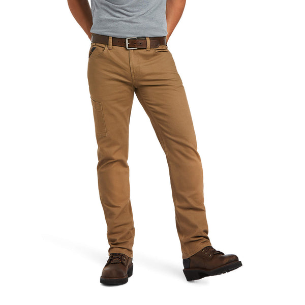 man wearing khaki work pants with brown belt and boots