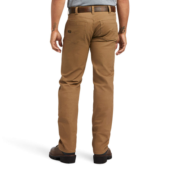 rear view of man wearing khaki work pants with brown belt and boots