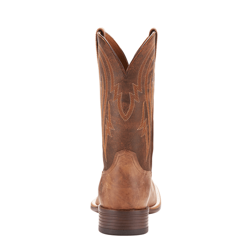 back view of high top light brown cowboy boot with brown embroidery 