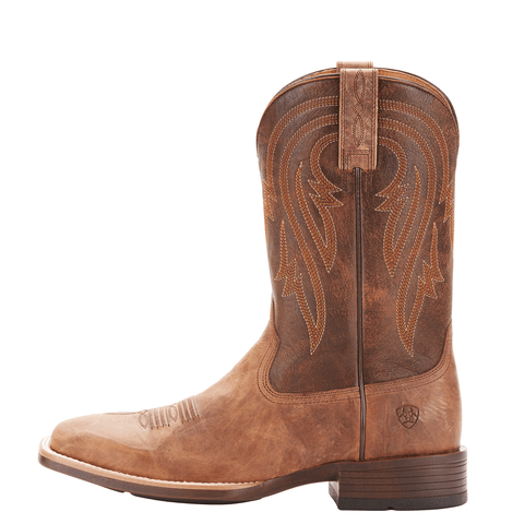 side view of high top light brown cowboy boot with brown embroidery 
