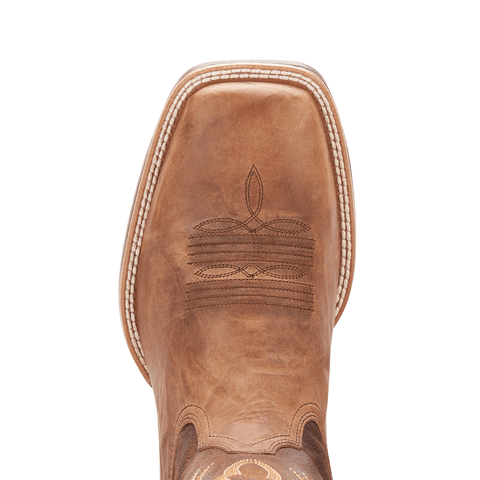 square toe of a light brown cowboy boot