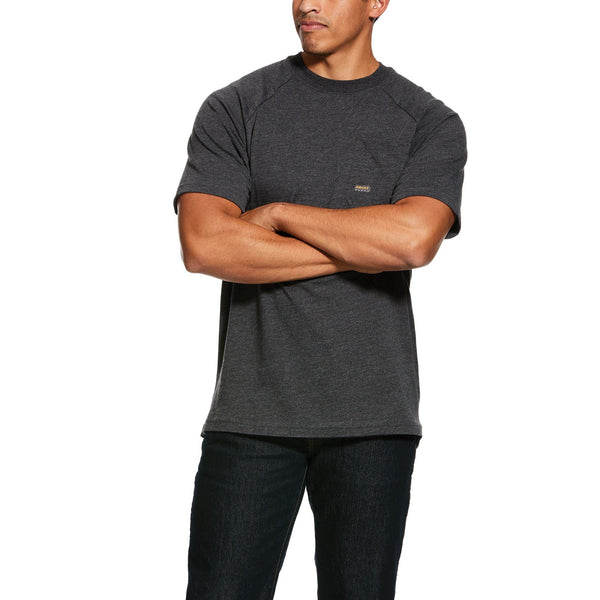 man wearing a grey heather t-shirt and blue jeans