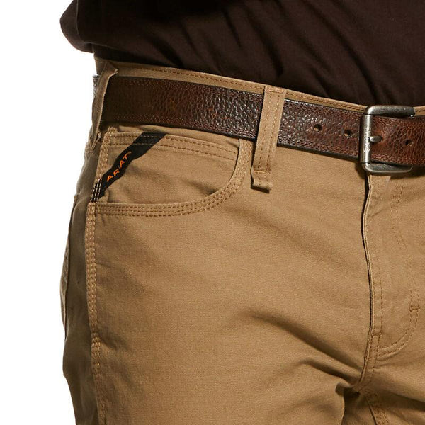 front pocket view of man wearing khaki pants and brown shirt