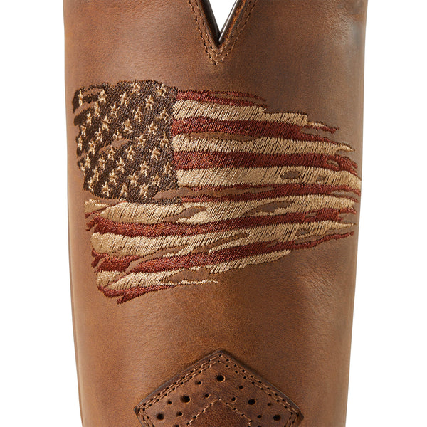 front detail view of embroidered rustic American flag on front shaft of distressed brown western boot