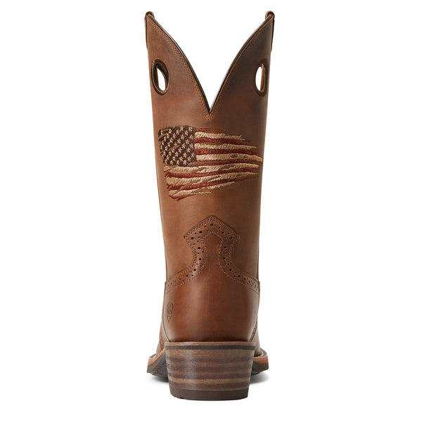 back view of distressed brown pull on western boot with embroidered rustic American flag on shaft