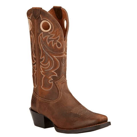 high top cowboy boots with orange and white embroidery and pull holes