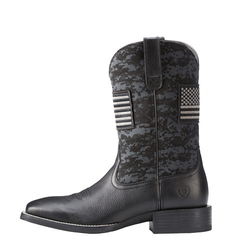 side view of black camo cowboy boot with American flag patch on the front