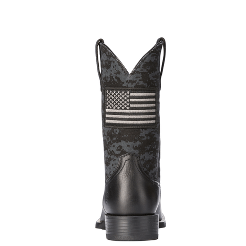 back view of black camo cowboy boot with American flag patch 