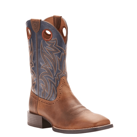 cowboy boot with a blue shaft with brown and white embroidery and light brown vamp