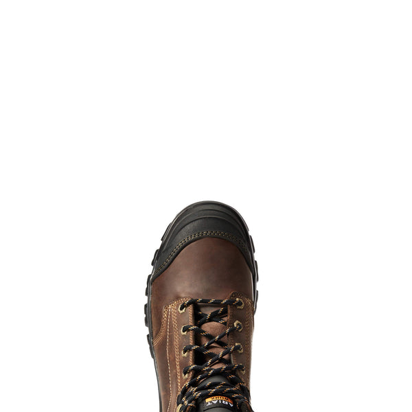 round toe of mens distressed brown lace up work boot
