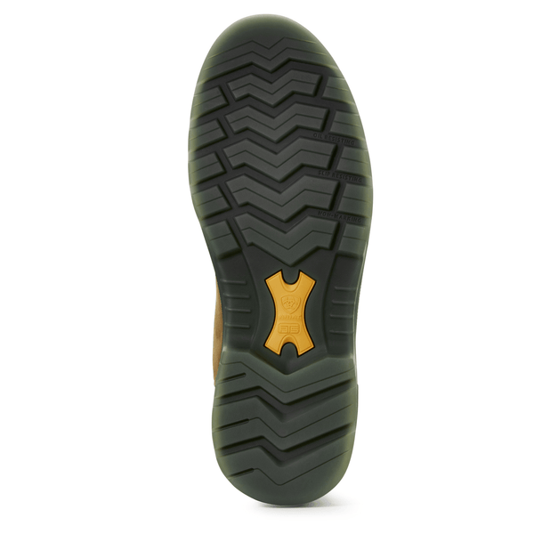 black and yellow sole on a work boot
