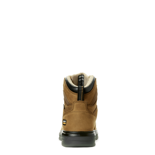 back view of light brown work boot with suede inlay and black soles
