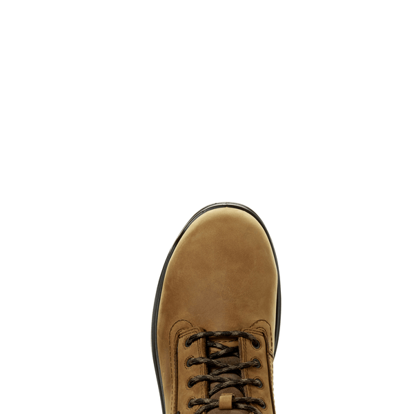 rounded toe of light brown work boot