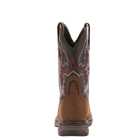 back view of cowboy boot with black shaft with red and white embroidery and brown vamp