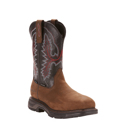 cowboy boot with black shaft with red and white embroidery and brown vamp