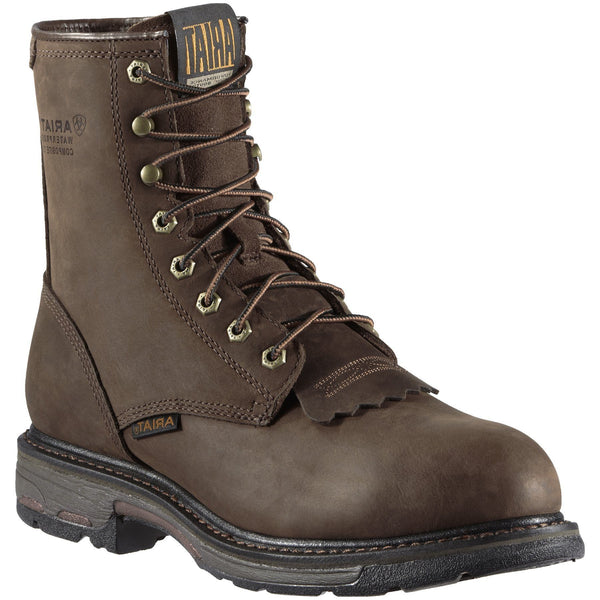 high top dark brown work boot with black sole 
