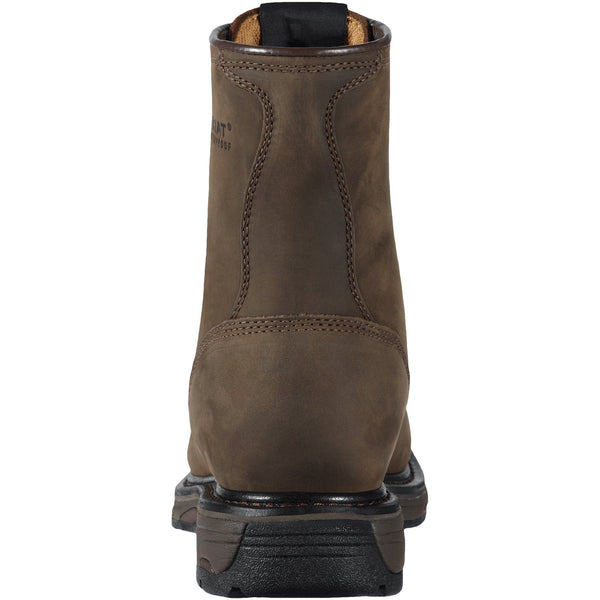 back view of high top dark brown work boot with black sole