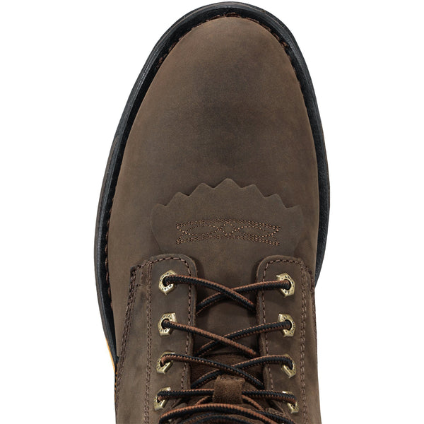 rounded toe on dark brown work boot 