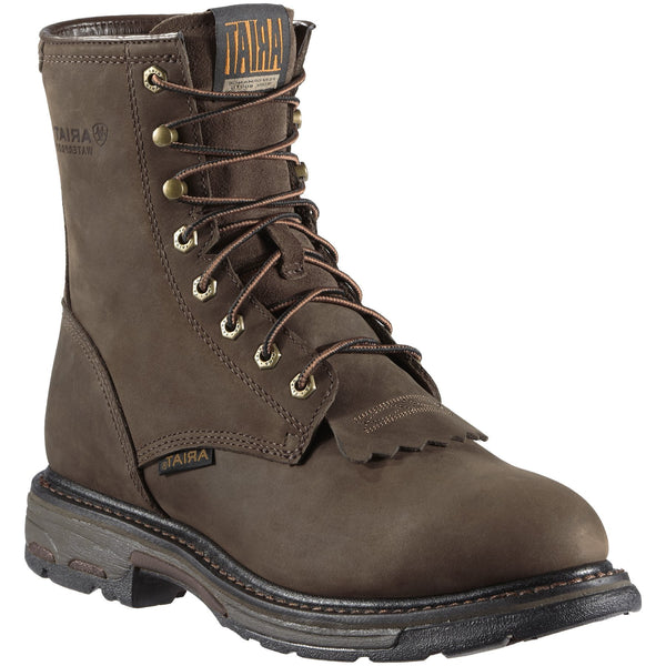 high top dark brown work boot with black sole
