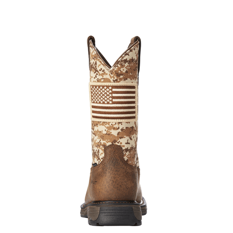 rear view of pull on work boot with desert camo and American flag embroidery 