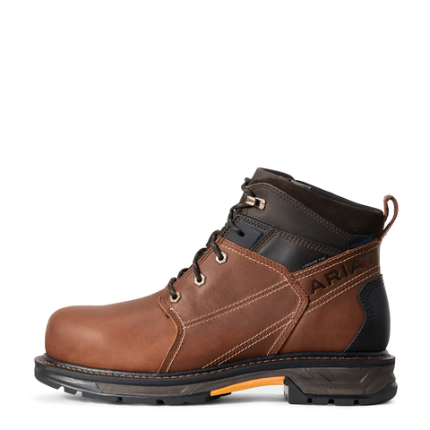 side view of mid rise tan work boot with black accent and dark brown sole