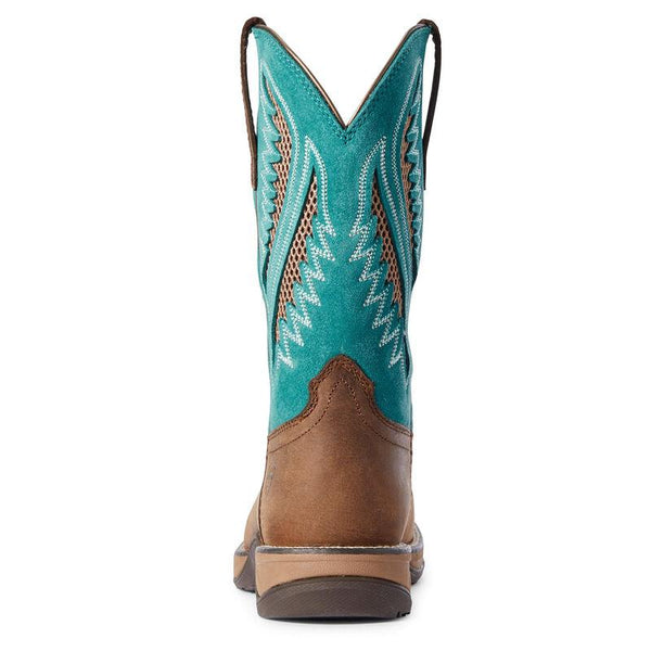 back view of cowboy boot with turquoise shaft and net inlays with white embroidery and a brown vamp 