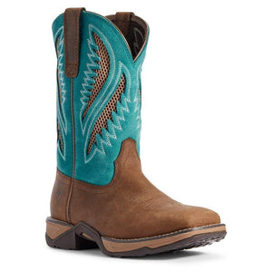 cowboy boot with turquoise shaft and net inlays with white embroidery and a brown vamp 