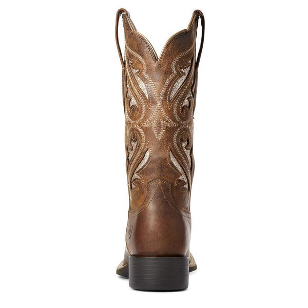 side view of dark brown cowgirl boot with light brown inlays and light brown embroidery