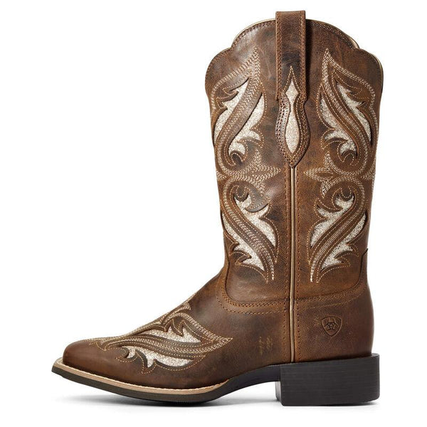 dark brown cowgirl boot with light brown inlays and light brown embroidery