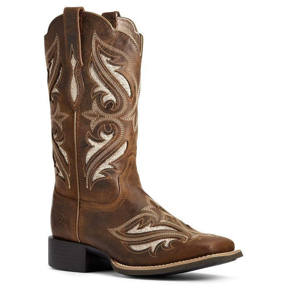 dark brown cowgirl boot with light brown inlays and light brown embroidery 
