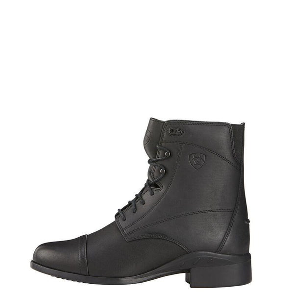 side view of high top black riding boot with black laces